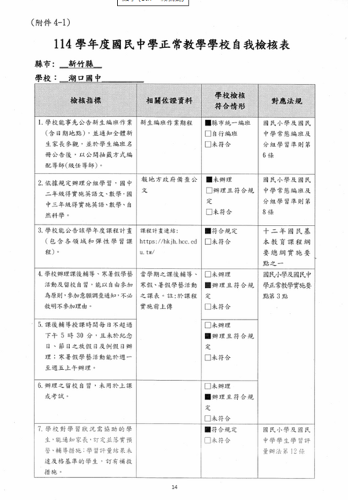 114學年度國中正常教學學校自我檢核表圖片